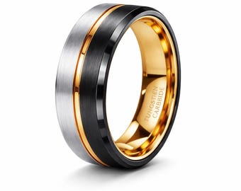 6mm Black & Silver Brushed Tungsten Carbide w/ 18k Rose Gold Ring | Engagement, Wedding Band, (US Sizes 4-16) "Free Personalized Engraving"