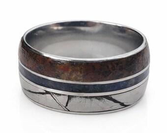 10mm Authentic Muonionalusta Meteorite & Jurassic Rare Multicolor Dinosaur Bone w/ Thin Blue Line of crushed natural lapis lazuli Stone!!