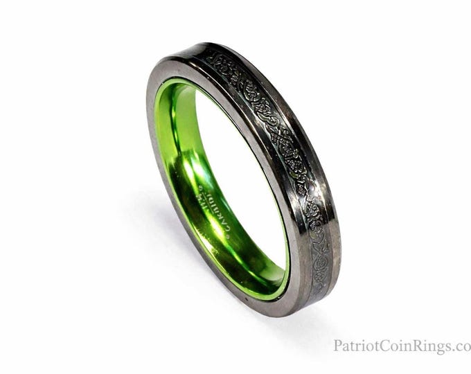 4mm Irish Green Carbon Fiber and Black Celtic Inlay over Black Tungsten Carbide and Green Inner Band (Wedding Ring, Engagement, Anniversary)