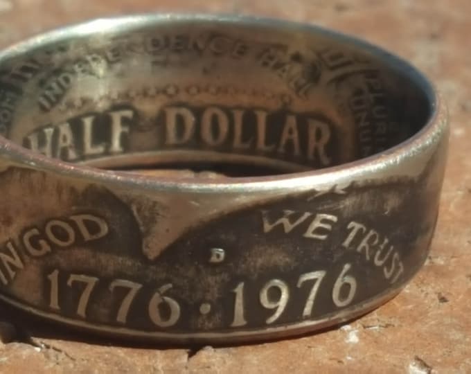 1776-1976 Bicentennial Silver Half Dollar Coin Ring w/ Patina Aged Finish | Double Sided |  Comfort Fit