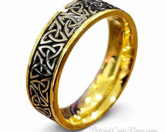 18K Gold Celtic Tungsten Wedding Band - Silver Trinity over Black Men's or Women's (anniversary, engagement, fashion) US Ring Sizes 4-18