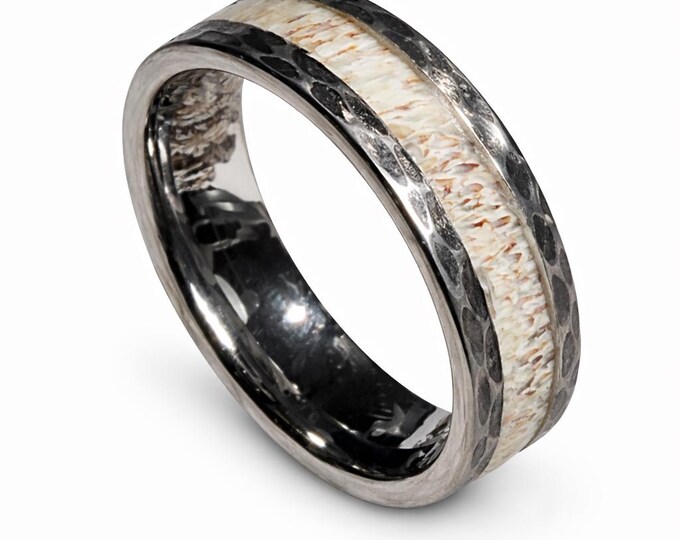8mm Silver Tungsten with Hammered Sides & Genuine Deer Antler Inlay (Wedding Band, Engagement, Anniversary, Hunters) Sizes 4-18