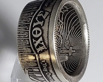 John 3:16  IXOYE Christian fish "Coin Ring" (Double Sided) Hand-Made from Rare 1 Troy Ounce Pure Silver coin! (Jesus - God - Lord - Church)