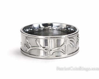 8mm ANTLER & DEER TRACKS w/ Comfort Fit Inner-band - High Polished (Wedding Ring, Engagement Ring, Anniversary Gift, Dad) Ring Sizes 5-19