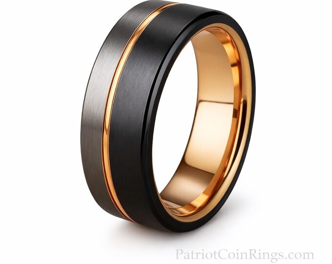 10mm (US Ring Sizes 6.5-16.0) Black & Silver Brushed Tungsten Carbide w/ 18k Rose Gold Wedding Band | Men's Wedding Bands, Engagement Rings,