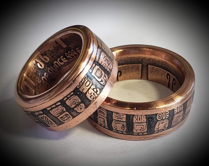 Mayan Aztec Calendar Coin Ring (1 Troy Ounce .999 Copper Bullion Coin) Thin Cut 9.5mm Wide, 3mm thick US Ring Size 5-22