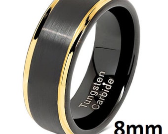 8mm Mens Black & 18k Gold Trim Tungsten Men's Wedding Ring, Engagement Band, Anniversary Ring, Fashion Ring,  (US Size 6-16)