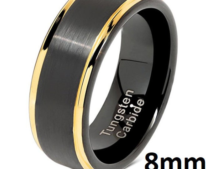 8mm Mens Black & 18k Gold Trim Tungsten Men's Wedding Ring, Engagement Band, Anniversary Ring, Fashion Ring,  (US Size 6-16)