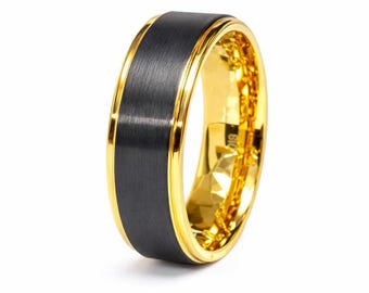 8mm 18K Gold & Brushed Black Tungsten Wedding Ring Step Side Men's or Woman's Comfort Fit Wedding Band.  (US Size 6-16)