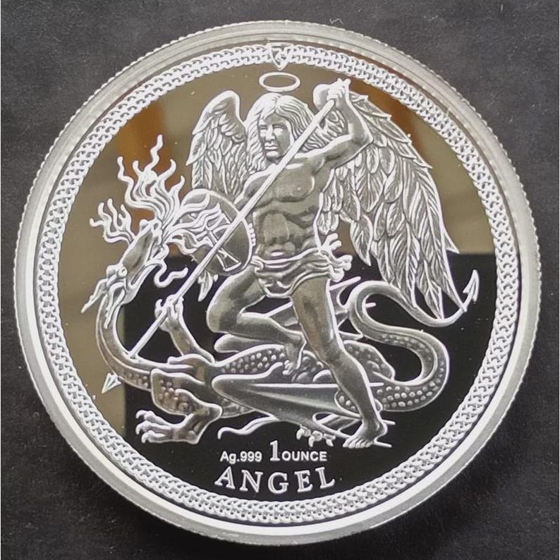 2018 Aartsengel Michaël verslaat de draak, munt van het eiland Man, 1 troy ounce .999 puur fijn zilver, verzilveringsopties beschikbaar. afbeelding 2