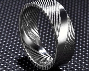 REG 599.95 - 8mm Hand Forged Damascus Steel Mens Wedding Ring Flat Wood Grain Bold Wedding Band | Engagement | Anniversary | US Sizes 7-16