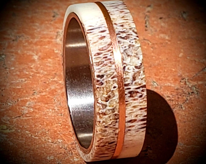 8mm Rocky Mountain Bull ELK Antler w/ Copper Bullet Inlay & CP2 Gunmetal Gray Brushed Titanium Innerband (US Sizes 5-15)