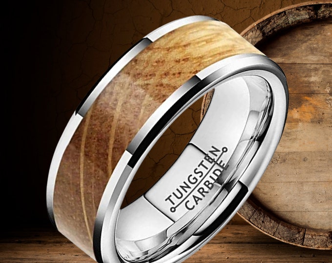 8mm Tungsten Carbide Whiskey Barrel Wood Inlay, Beveled Edges, Engagement Ring, Anniversary Ring, Men's Band, Rustic Ring (US Sizes-6-13)