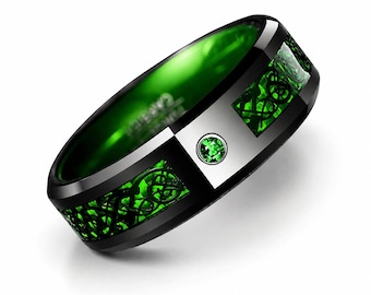 8mm Irish Green Tungsten Carbide Wedding Band, Celtic Dragon, Green Carbon Fiber, Emerald Green, Men’s Ring, Sizes 6-16.