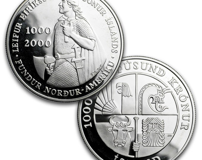 1000 2000 Leif Ericson, Iceland Coin (1 Troy Ounce, .999 Pure Silver, Norwegian, Greenland, Norway) Precious Metal Plating Available.