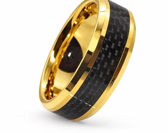 REG 299.99 - 6mm wide 18K Gold Tungsten w/ Black Carbon Fiber Inlay Ring w/ Beveled Edges (Wedding, Engagement, Anniversary) US Size 4-15