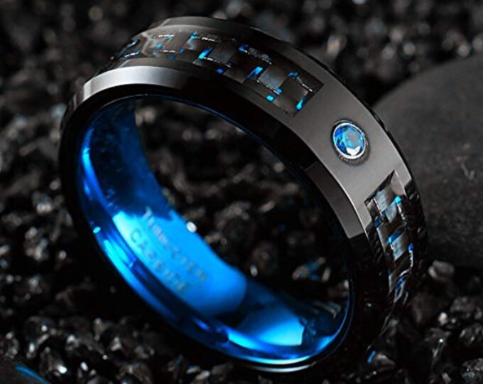 8mm Sapphire Blue over Black Tungsten Carbide Ring Polish Finish Comfort Fit (AA Grade Cubic Zirconia CZ Blue Diamond Gem)