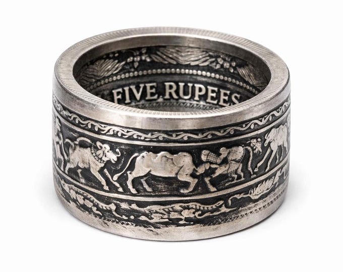 1957 CEYLON (SRI LANKA) Hand Forged Coin Ring.  Silver 5 Rupees 2500th Anniversary of Buddhism (Rare & Expensive coin converted into a ring)