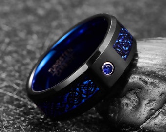 8mm Celtic Sapphire Blue over Black Tungsten Carbide Ring Polish Comfort Fit (Cubic Zirconia CZ Blue Diamond Gem) Size 7-16