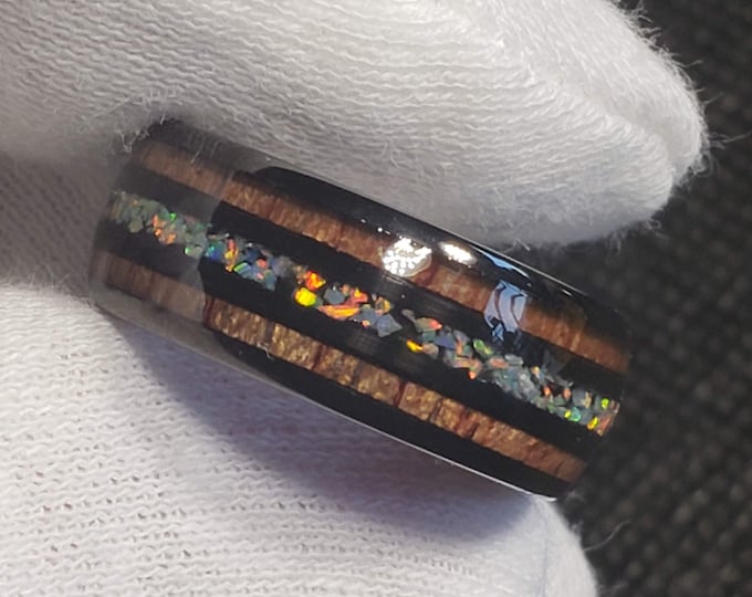 8mm Fire Opal & Koa Wood over Black Tungsten Carbide | Dome Style | Comfort Fit | Wedding Band | Engagement Ring | Anniversary