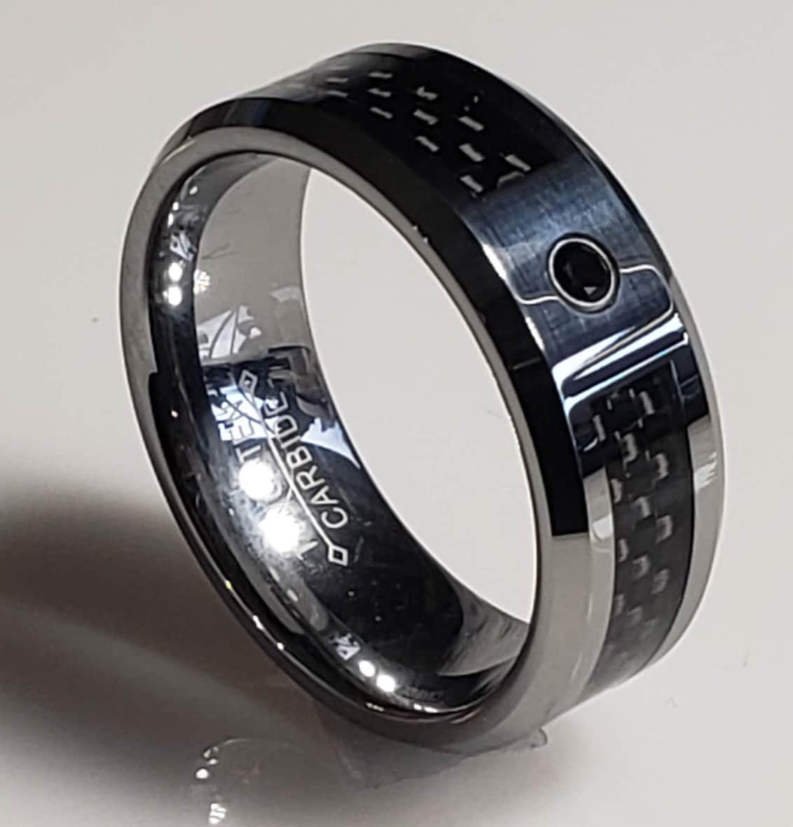 8mm Silver Tungsten Carbide Ring w/ Black Carbon Fiber Inlay and Black