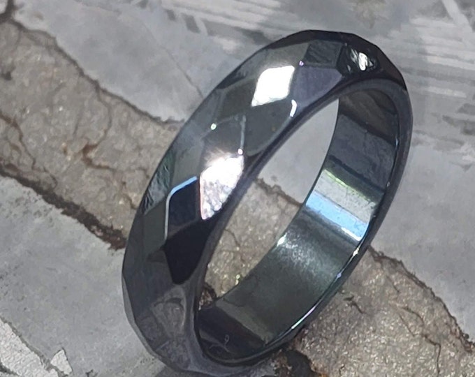 6mm Band Handcrafted w/ 100% Natural Magnetic Multi-Faceted Hematite Crystal (Root Chakra Healing Crystal, Arthritis Band, Fashion Ring)