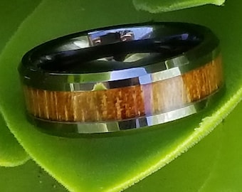 8mm Real Hawaiian KOA Wood Inlay over Black Titanium with Comfort Fit Band, Vintage Wedding Engagement Promise Band