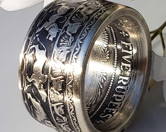 1957 CEYLON (SRI LANKA) Hand Forged Coin Ring.  Silver 5 Rupees 2500th Anniversary of Buddhism (Rare & Expensive coin converted into a ring)
