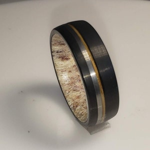 8mm Brushed Black Tungsten Carbide Band w/ Old No 7 Jack Daniels Whiskey Barrel Wood Inlay, Silver Trim & Authentic Deer Antler US Size 5-16 image 5