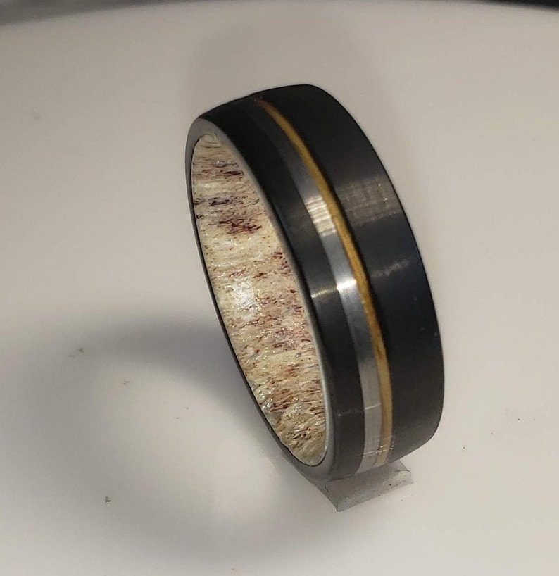 8mm Brushed Black Tungsten Carbide Band w/ Old No 7 Jack Daniels Whiskey Barrel Wood Inlay, Silver Trim & Authentic Deer Antler US Size 5-16 image 5