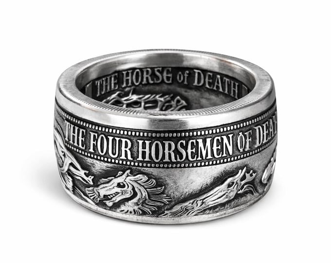 RARE LIMITED EDITION: The Four Horsemen of the Apocalypse Series .999 Solid Silver Coin Ring (1oz Ounce Silver) - Reverse Side Out!