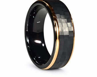 8mm Black Alligator Tungsten Steel & Rose Gold Step Sides Wedding Band | Engagement Ring | Anniversary (US Size 5-15) #111