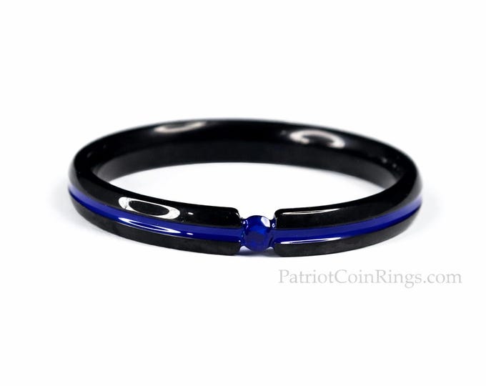 4mm Black Titanium Tension Band with Blue Sapphire Gem (His or Hers - US Ring Sizes 4-17)