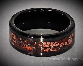 REAL T-Rex DINOSAUR Bone Ring!  Red Cell Agatized Fossil Bone | 8mm Beveled Black Ceramic Ring | Wedding Ring | Jurassic Park | US Size 3-18