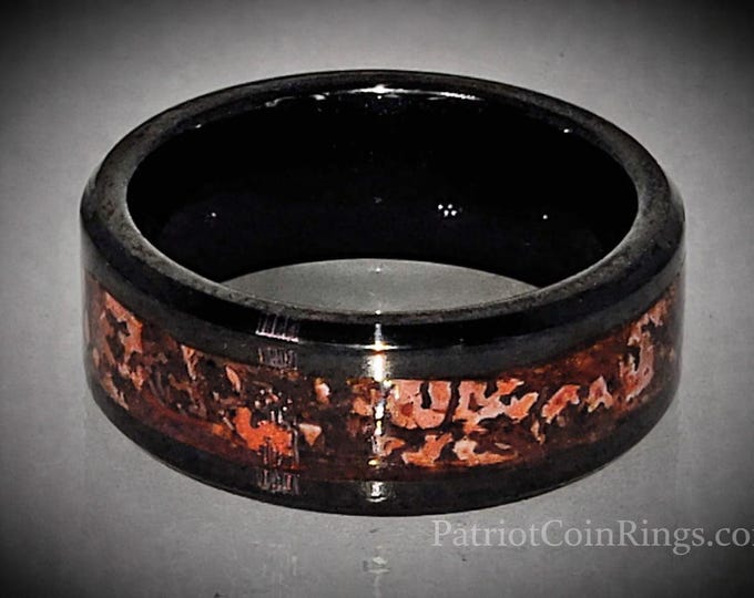 REAL T-Rex DINOSAUR Bone Ring!  Red Cell Agatized Fossil Bone | 8mm Beveled Black Ceramic Ring | Wedding Ring | Jurassic Park | US Size 3-18