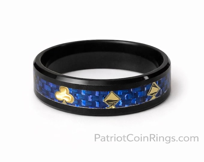8mm Card Lover (Unisex) Black Beveled Titanium Band w/ Sapphire Blue Carbon Fiber & 14K Gold Card Suits - Size 7-12