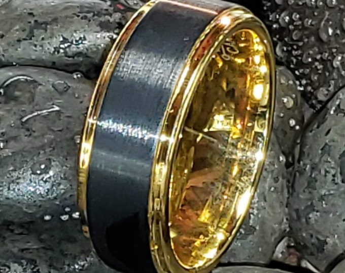 8mm 18K Gold & Brushed Black Tungsten Wedding Ring Step Side Men's or Woman's Comfort Fit Wedding Band.  (US Size 6-16)