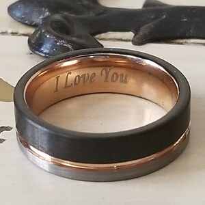 8mm US Ring Sizes 5-16 Black & Silver Brushed Tungsten Carbide w/ 18k Rose Gold Wedding Band Men's Wedding Bands, Engagement Rings, image 3