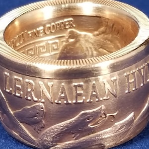 Lernaean Hydra Snakes! 2nd of the 12 Labors of Hercules - 1oz .999 BU copper round (Pictured Here in real 24K Gold Plating) COIN RING