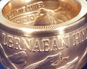 Lernaean Hydra Snakes! 2nd of the 12 Labors of Hercules - 1oz .999 BU copper round (Pictured Here in real 24K Gold Plating) COIN RING