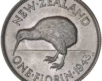 1933-36 New Zealand 1 Florin Coin (Kiwi Bird, King George V), .500 Silver (Random Year)