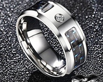 8mm Mens Silver Tungsten Carbide band w/ Black/Blue Carbon Fiber Inlay and AAA grade Cubic Zirconia (Wedding band, Dinner, Anniversary)