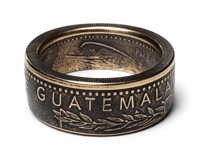 1998-2017 Guatemala 1 Quetzal Coin Ring (Heritage Ring made from authentic coin) Antique Brass / Bronze Finish w/ Free Jewelers Clear Coat.