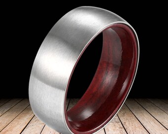 Stainless Steel Brushed Surface with Wood Inner Ring, Comfort Fit, Wedding Ring, Birthday, Valentine’s Day, Anniversary Gift, Sizes-7-13.