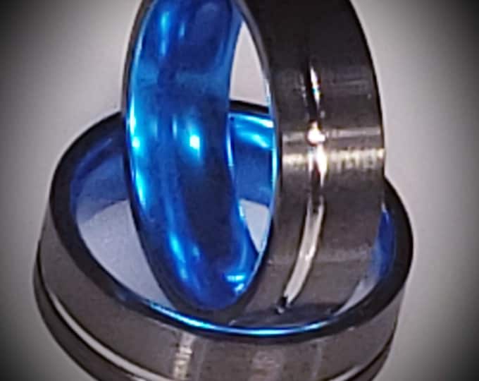 8mm Brushed Black & Chrome Channel Tungsten Carbide over Chroma-Blue Wedding Band | Engagement Ring | Anniversary (US Size 7-14)