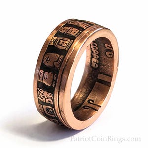 Maya aztekisk kalendermyntring (1 troy ounce .999 kopparmynt) tunn slipning 9,5 mm bred, 3 mm tjock amerikansk ringstorlek 5-22