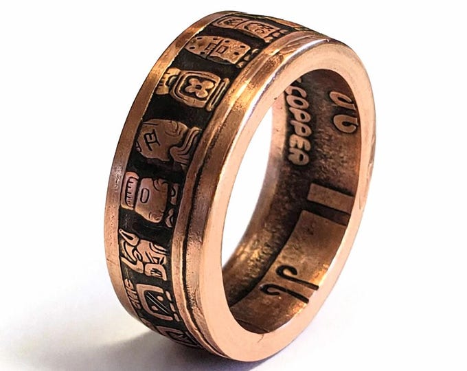 Mayan Aztec Calendar Coin Ring (1 Troy Ounce .999 Copper Bullion Coin) Thin Cut 9.5mm Wide, 3mm thick US Ring Size 5-22