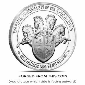 The image is a coin with a shield design and four horses, and it is forked into a shape that appears to be a four-sided shield.