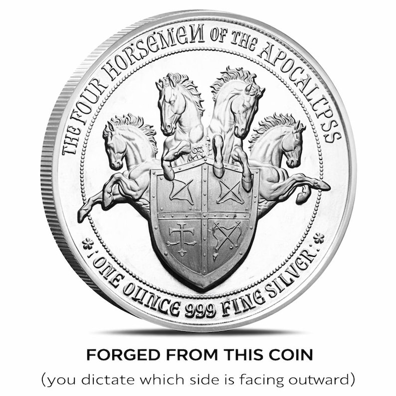 The image is a coin with a shield design and four horses, and it is forked into a shape that appears to be a four-sided shield.