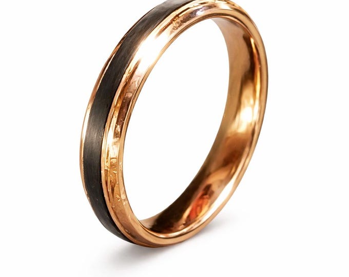 4mm Tungsten Carbide Ring in Black and 14k Rose Gold.  Groove Beveled Edge w/ Comfort Fit (Unisex Man or Women band) (US Ring Size 4-8.5)